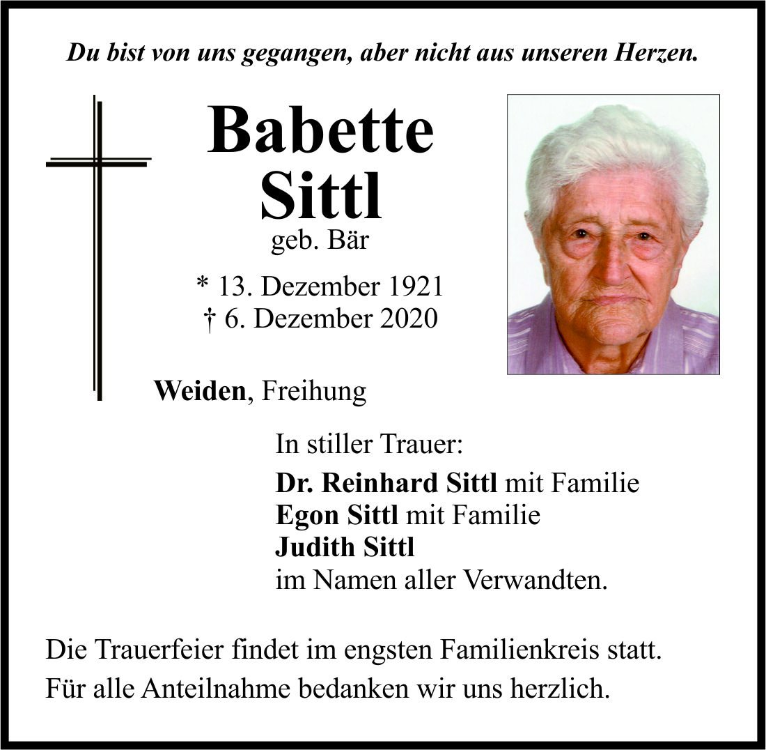 Traueranzeige Babette Sittl, Weiden