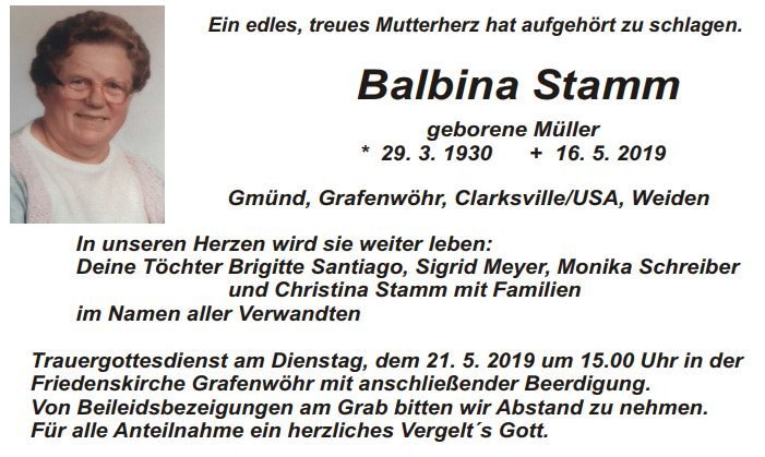 Traueranzeige Balbina Stamm, Gmünd