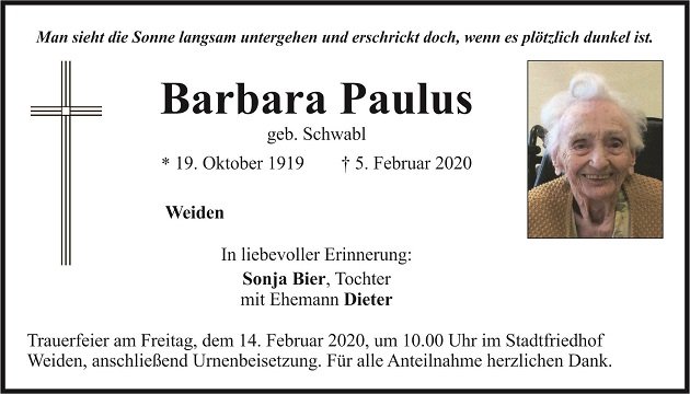 Traueranzeige Barbara Paulus Weiden