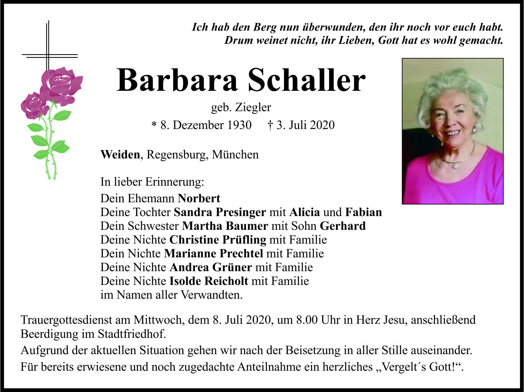 Traueranzeige Barbara Schaller, Weiden
