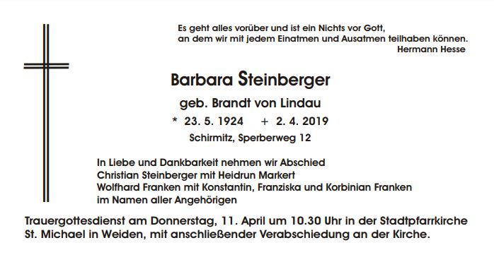Traueranzeige Barbara Steinberger Schirmitz