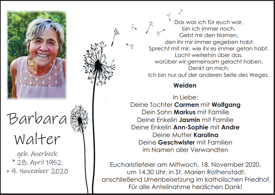 Traueranzeige Barbara Walter, Weiden