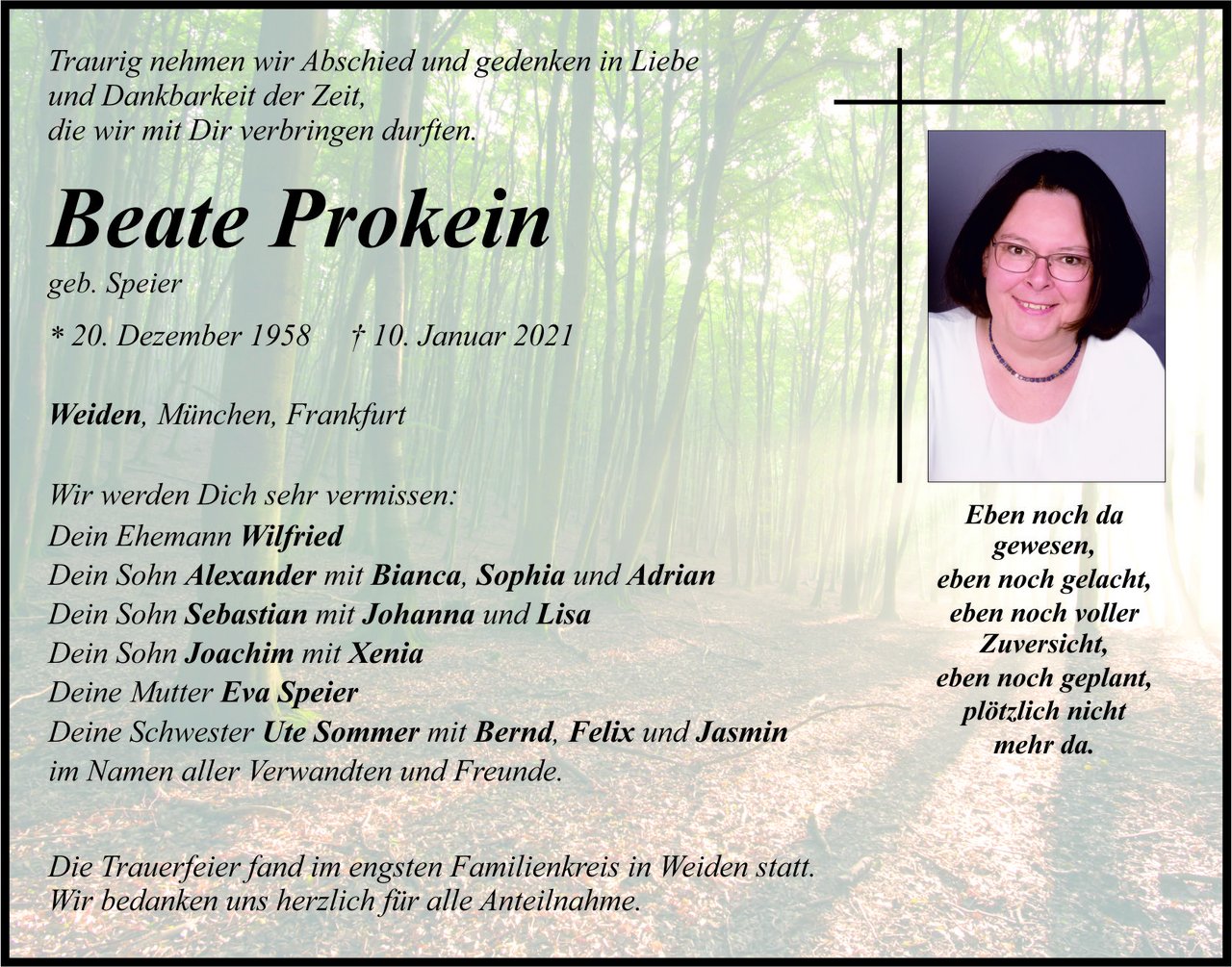 Traueranzeige Beate Prokein, Weiden