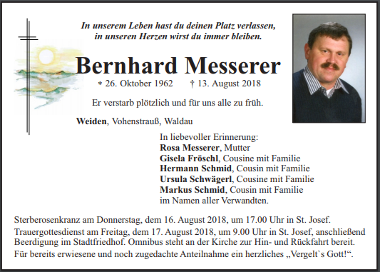 Traueranzeige Bernhard Messerer Weiden