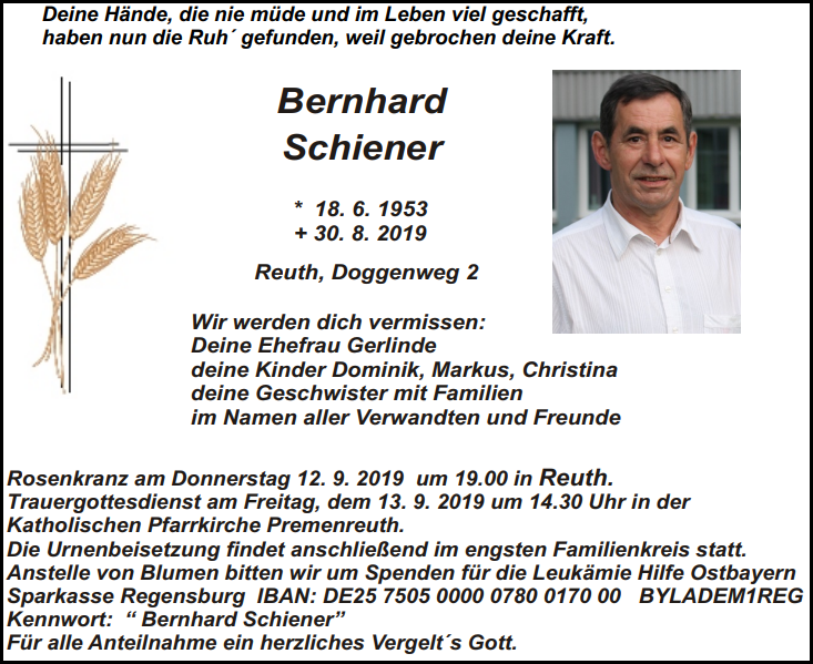 Traueranzeige Bernhard Schiener, Reuth