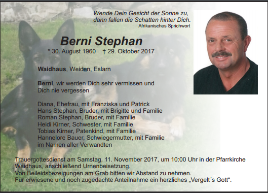 Traueranzeige Bernhard Stephan, Waidhaus