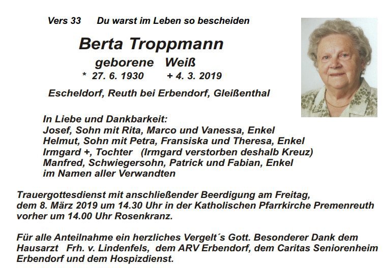 Traueranzeige Berta Troppmann Escheldorf