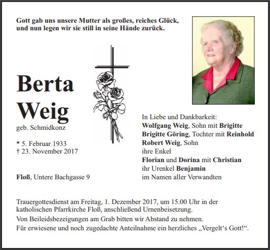 Traueranzeige Berta Weig Floß