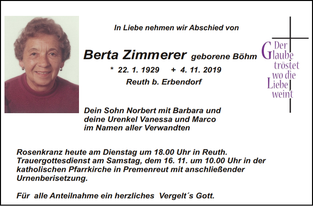 Traueranzeige Berta Zimmerer Reuth bei Erbendorf