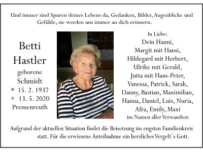 Traueranzeige Betti Hastler, Premenreuth