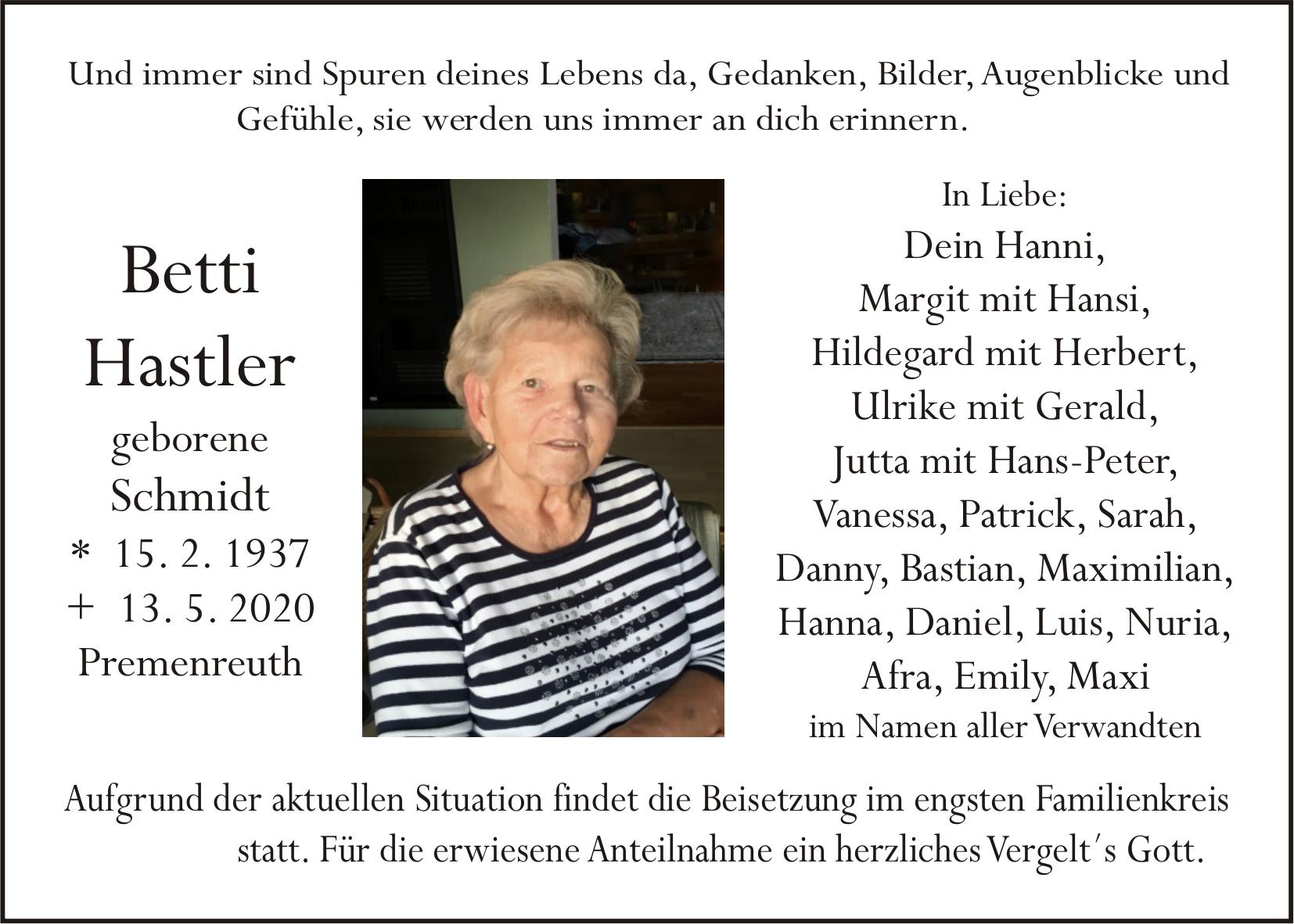 Traueranzeige Betti Hastler