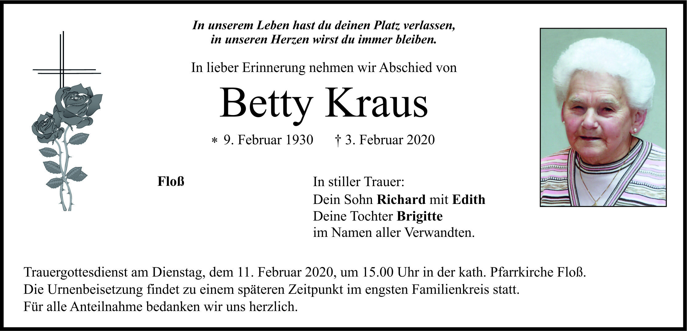 Traueranzeige Betty Kraus, Floß