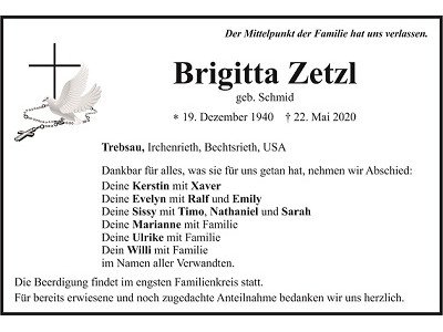 Traueranzeige Brigitta Zetzl, Trebsau