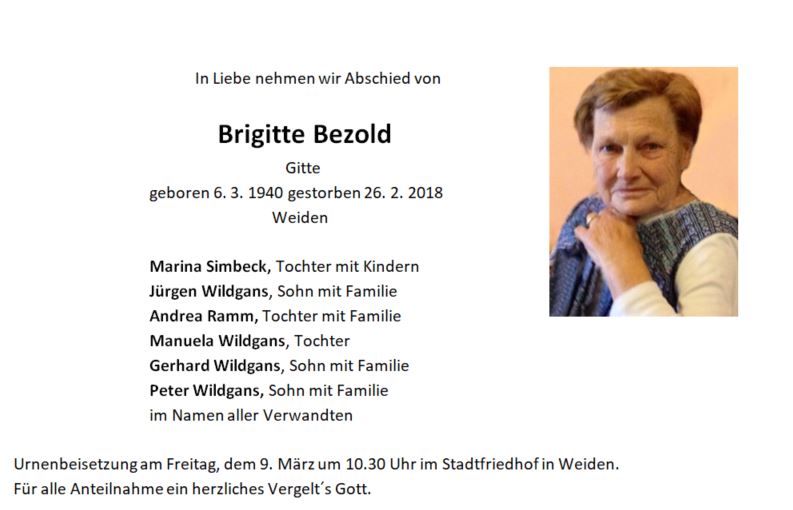 Traueranzeige Brigitte Bezold Weiden