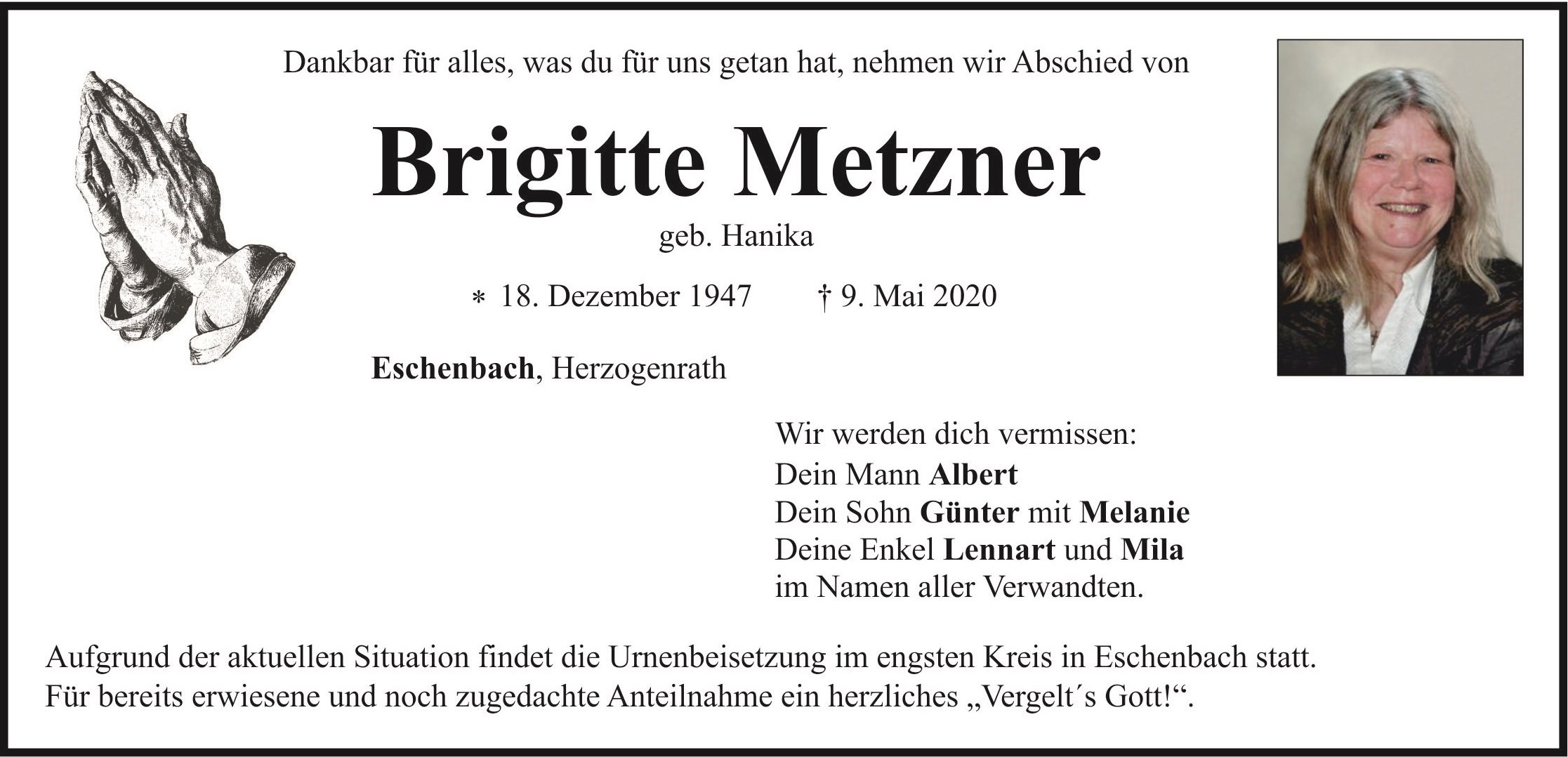 Traueranzeige Brigitte Metzner
