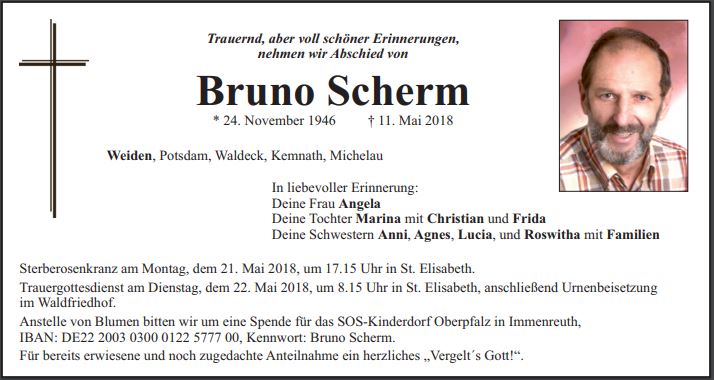 Traueranzeige Bruno Scherm Weiden