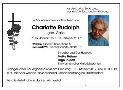 Traueranzeige Charlotte Rudolph Weiden