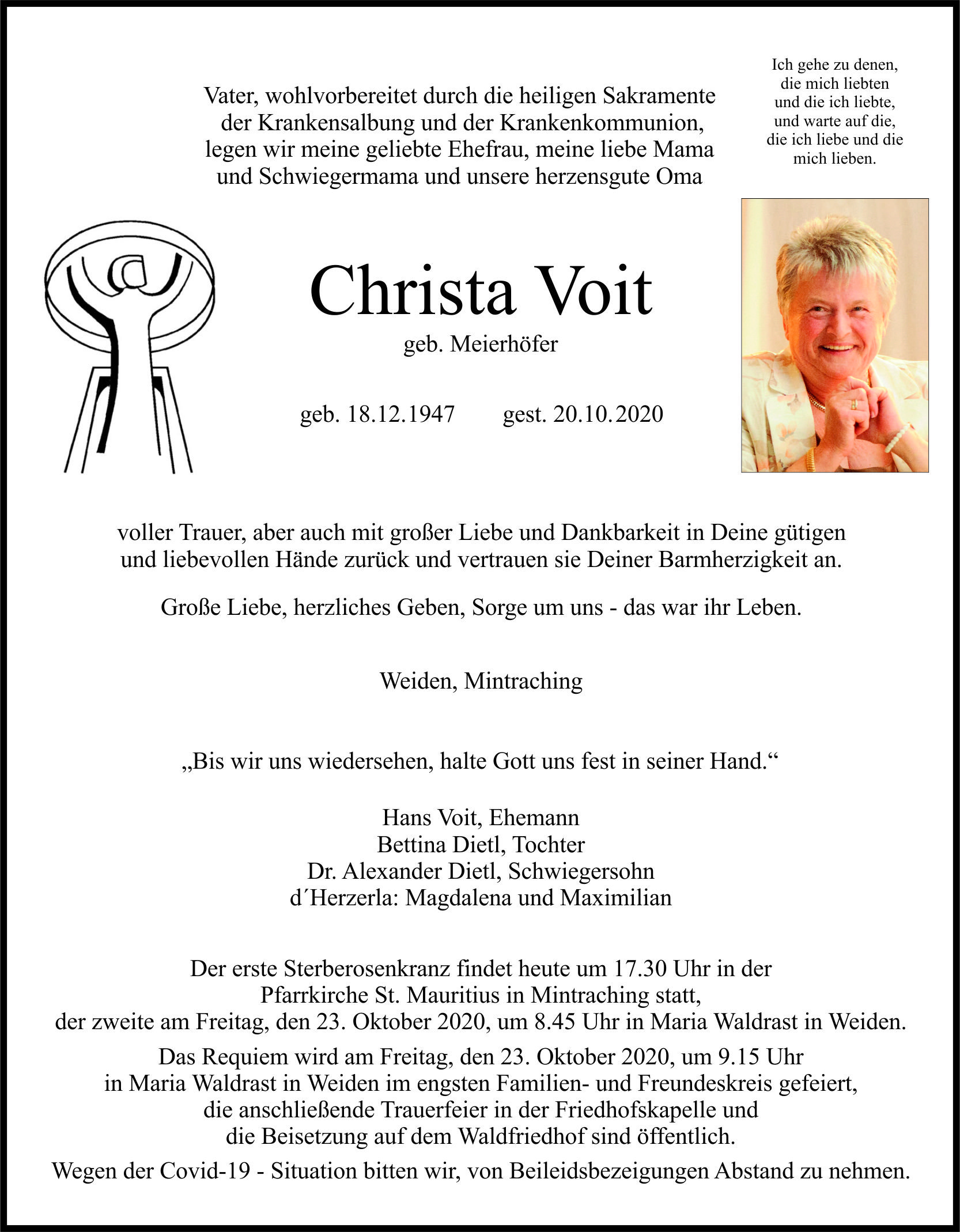 Traueranzeige Christa Voit, Weiden