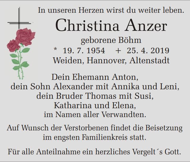 Traueranzeige Christina Anzer