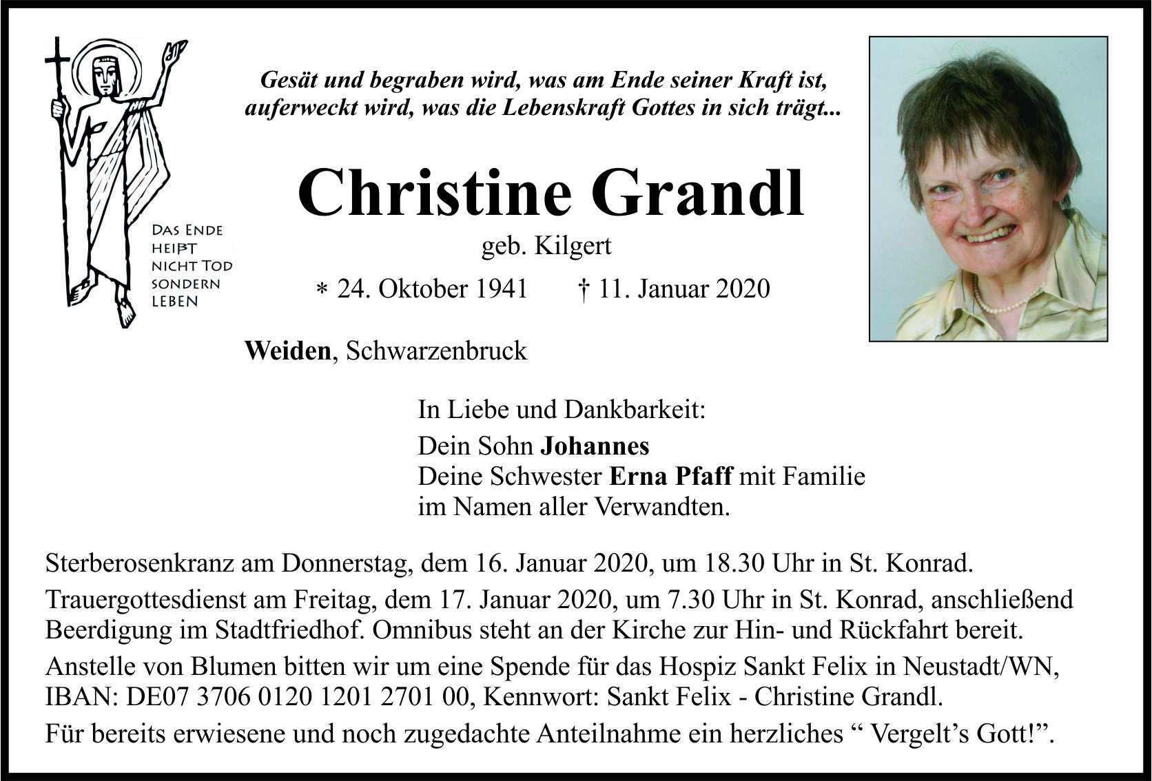 Traueranzeige Christine Grandl, Weiden