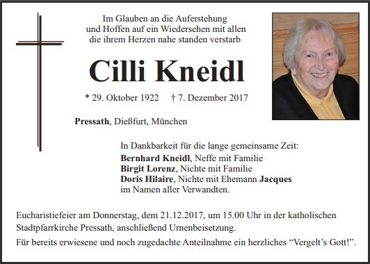 Traueranzeige Cilli Kneidl, Pressath