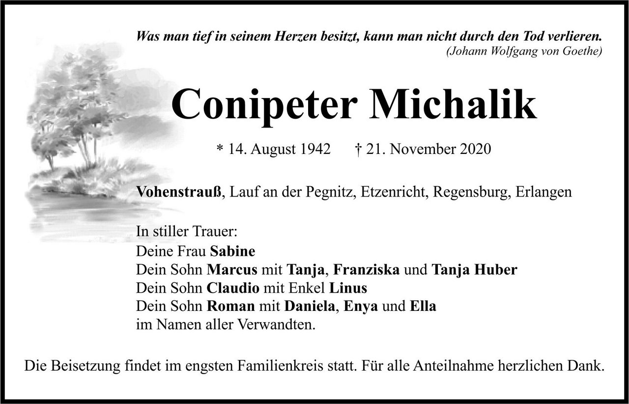 Traueranzeige Conipeter Michalik, Vohenstrauß
