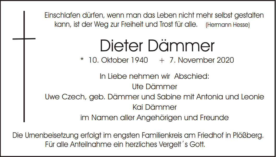 Traueranzeige Dieter Dämmer, Plößberg