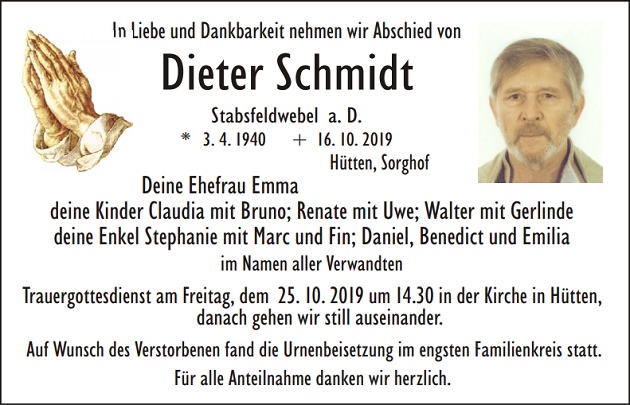 Traueranzeige Dieter Schmidt Hütten