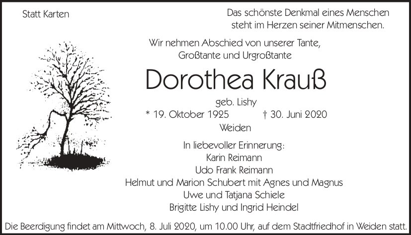 Traueranzeige Dorothea Krauß, Weiden