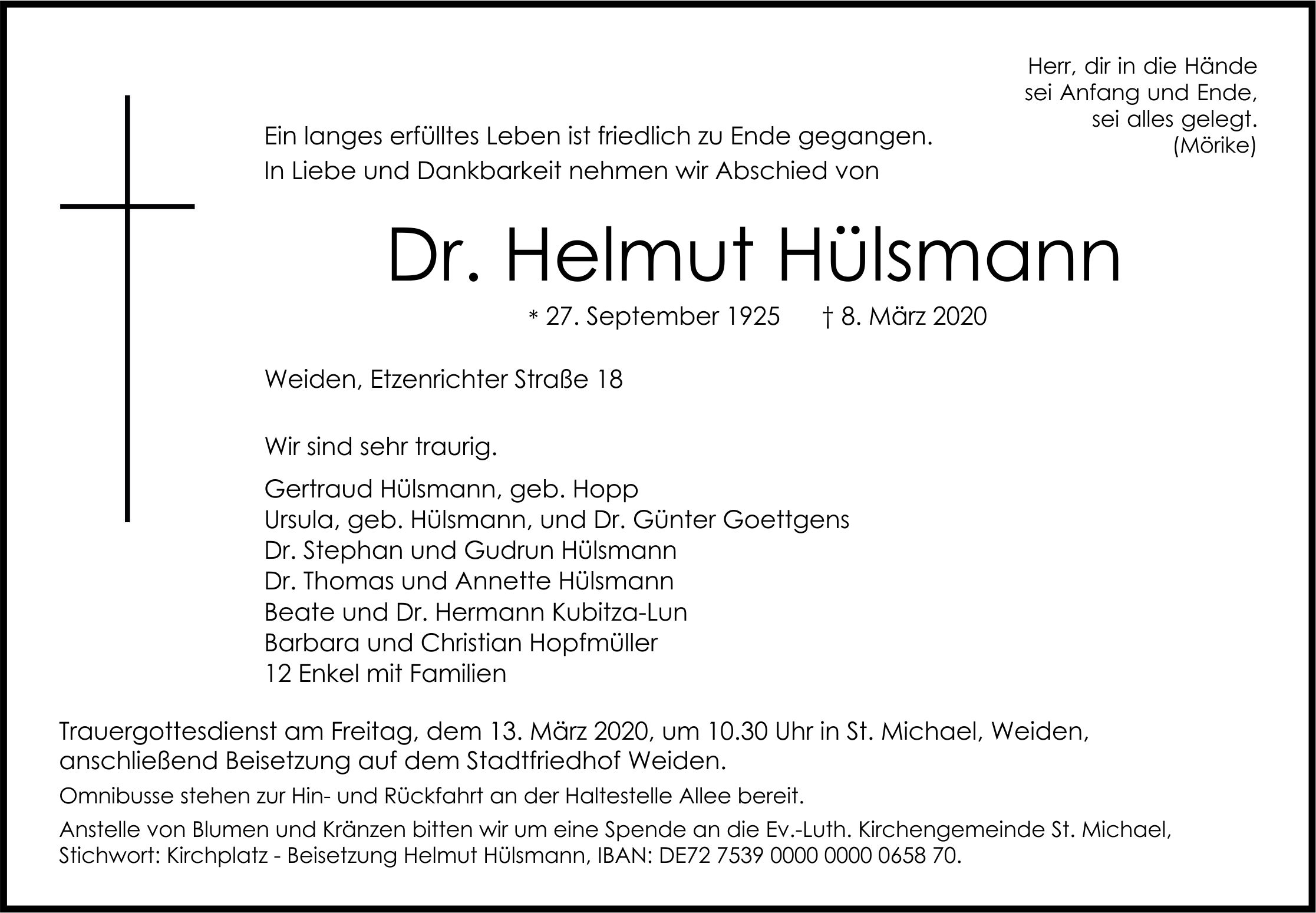 Traueranzeige Dr. Helmut Hülsmann, Weiden