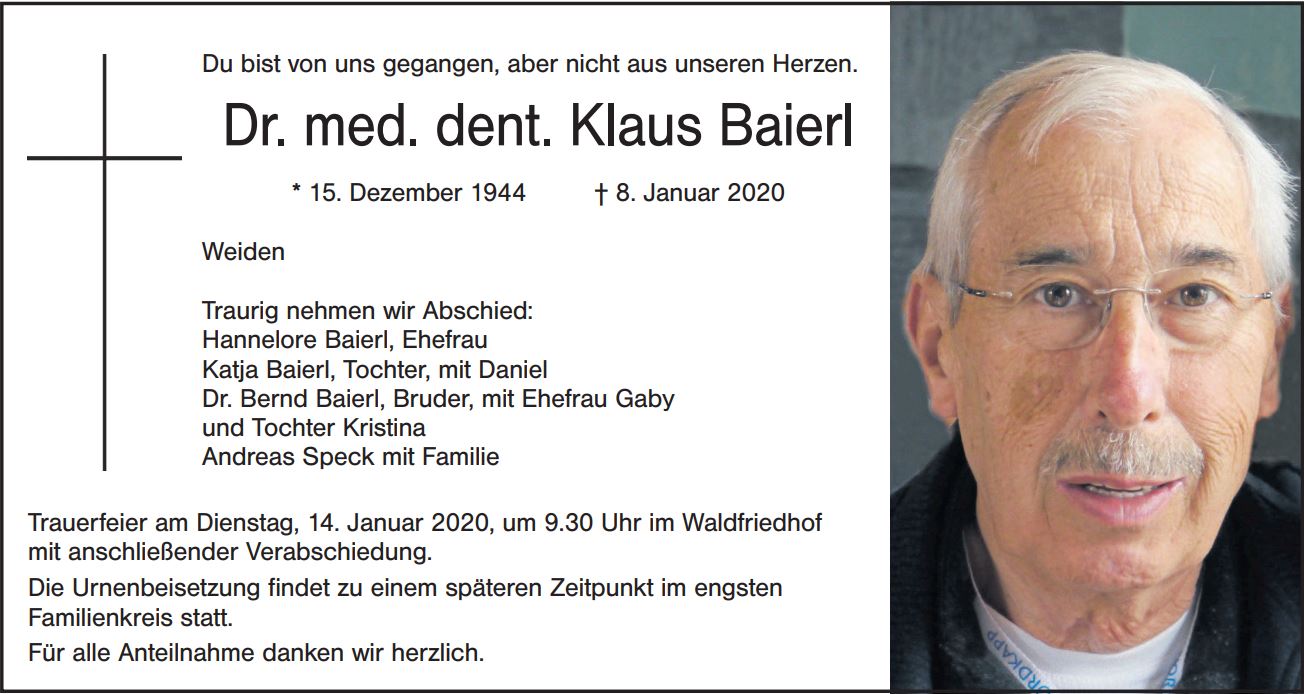 Traueranzeige Dr. med. dent. Klaus Baierl