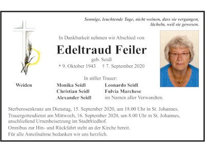 Traueranzeige Edeltraud Feiler, Weiden