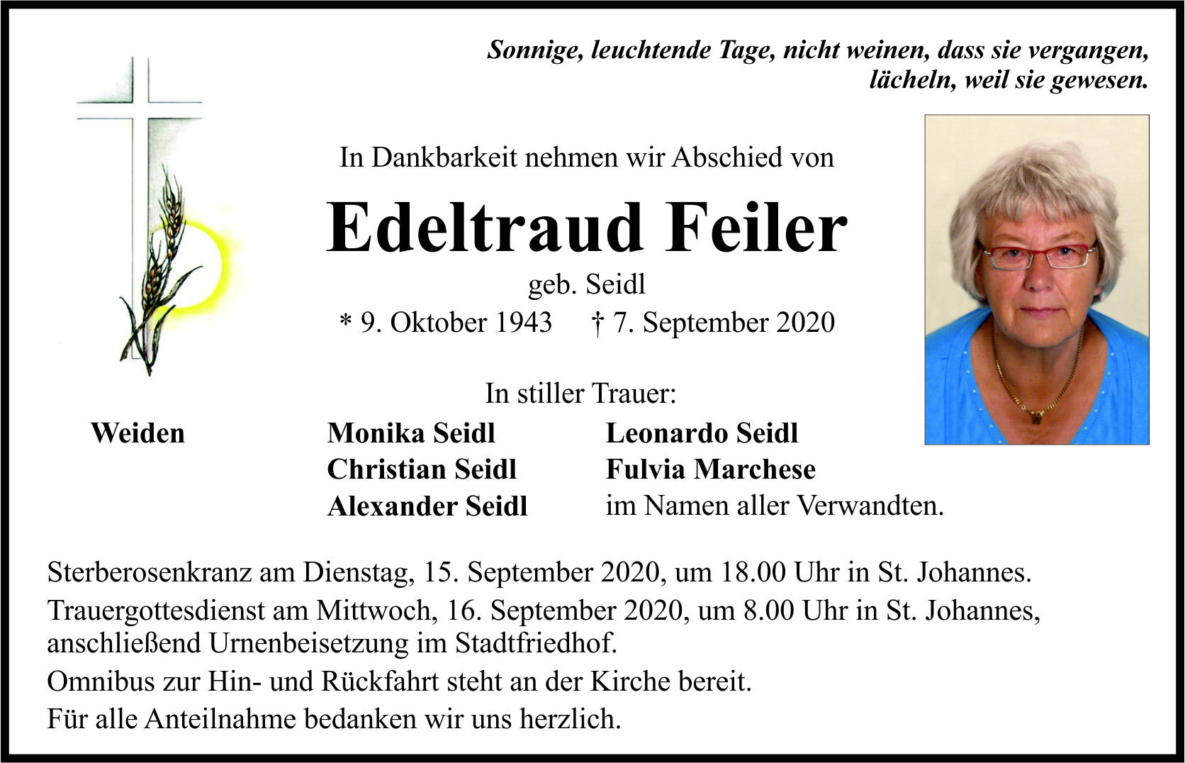 Traueranzeige Edeltraud Feiler, Weiden