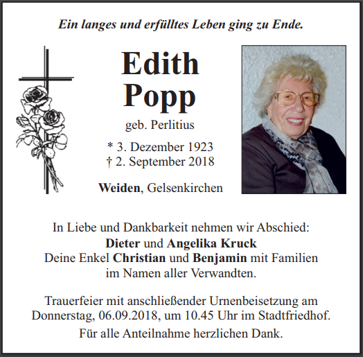 Traueranzeige Edith Popp, Weiden