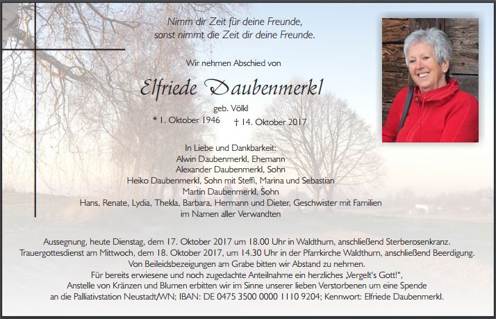 Traueranzeige Elfriede Daubenmerkl Waldthurn