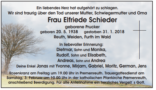 Traueranzeige Elfriede Schieder Reuth