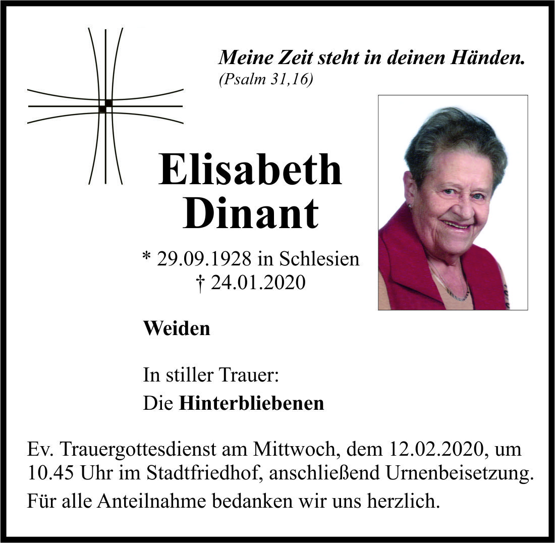 Traueranzeige Elisabeth Dinant, Weiden