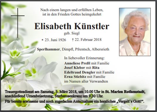 Traueranzeige Elisabeth Künstler Sperlhammer
