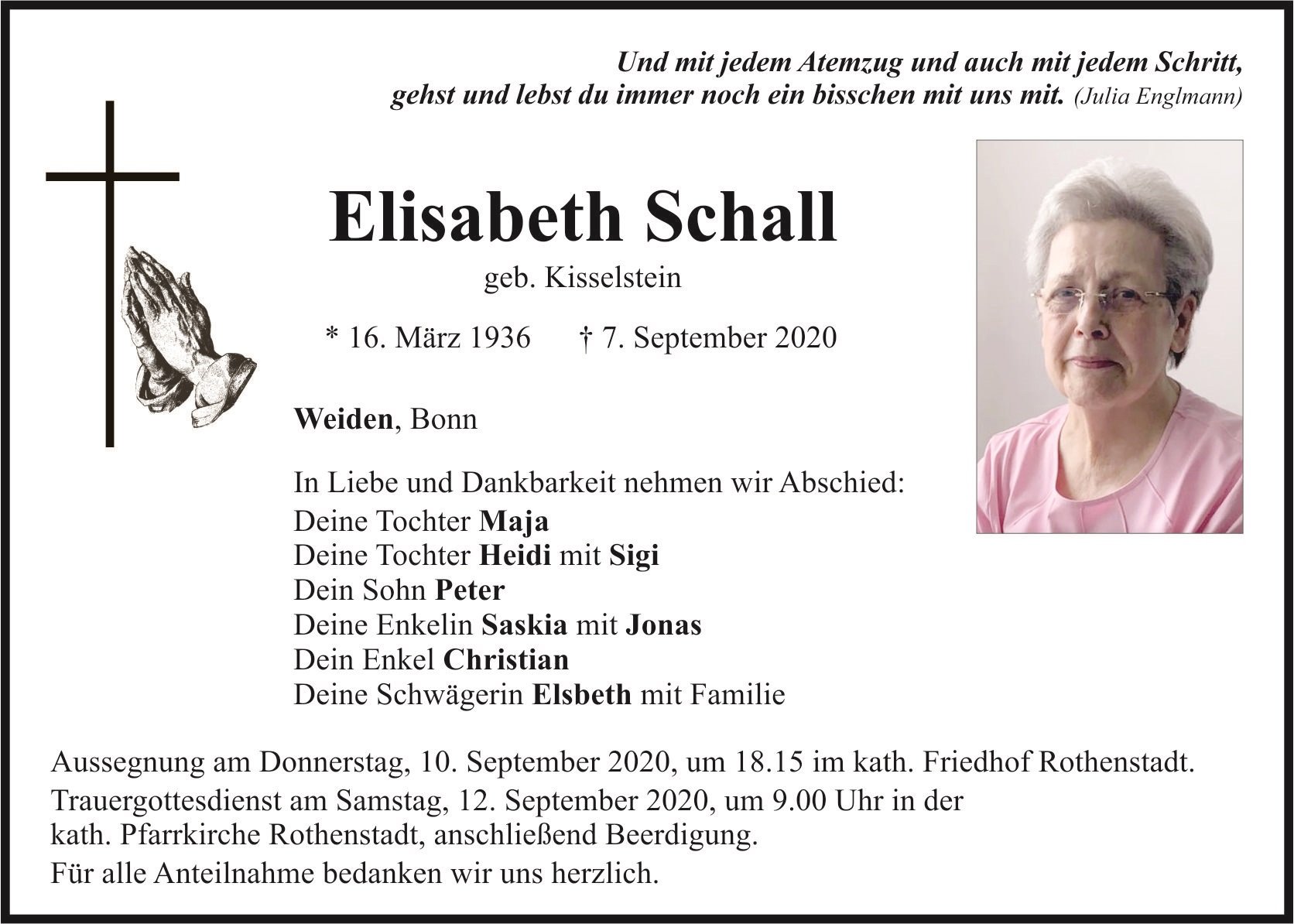 Traueranzeige Elisabeth Schall Weiden