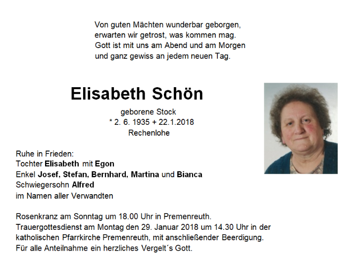 Traueranzeige Elisabeth Schön Rechenlohe Bestattung Schmitz