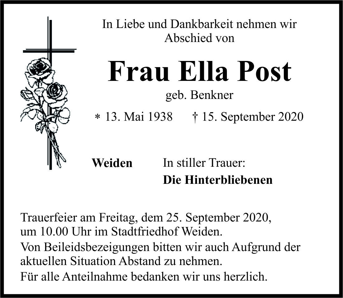 Traueranzeige Ella Post, Weiden