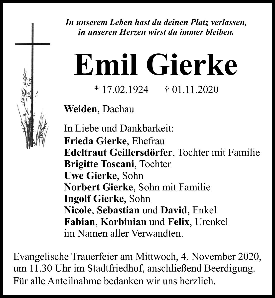 Traueranzeige Emil Gierke, Weiden