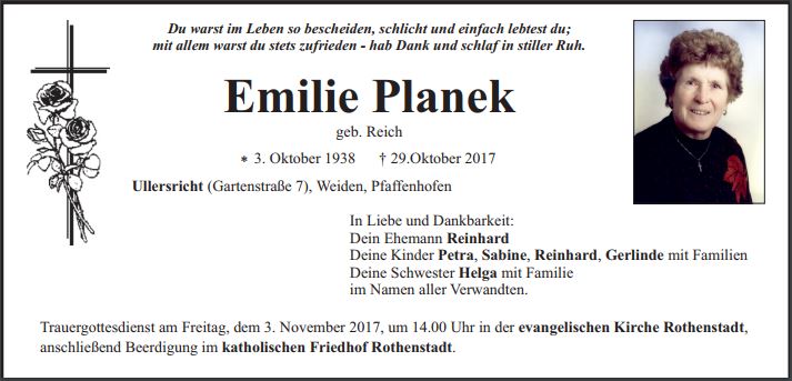Traueranzeige Emilie Planek Ullersricht