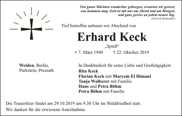 Traueranzeige Erhard Keck Weiden