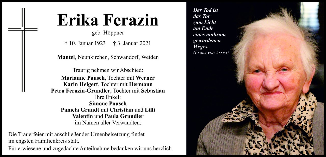 Traueranzeige Erika Ferazin, Mantel