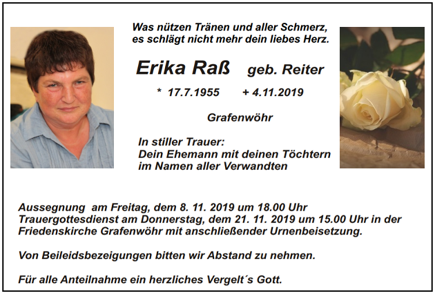 Traueranzeige Erika Raß Grafenwöhr