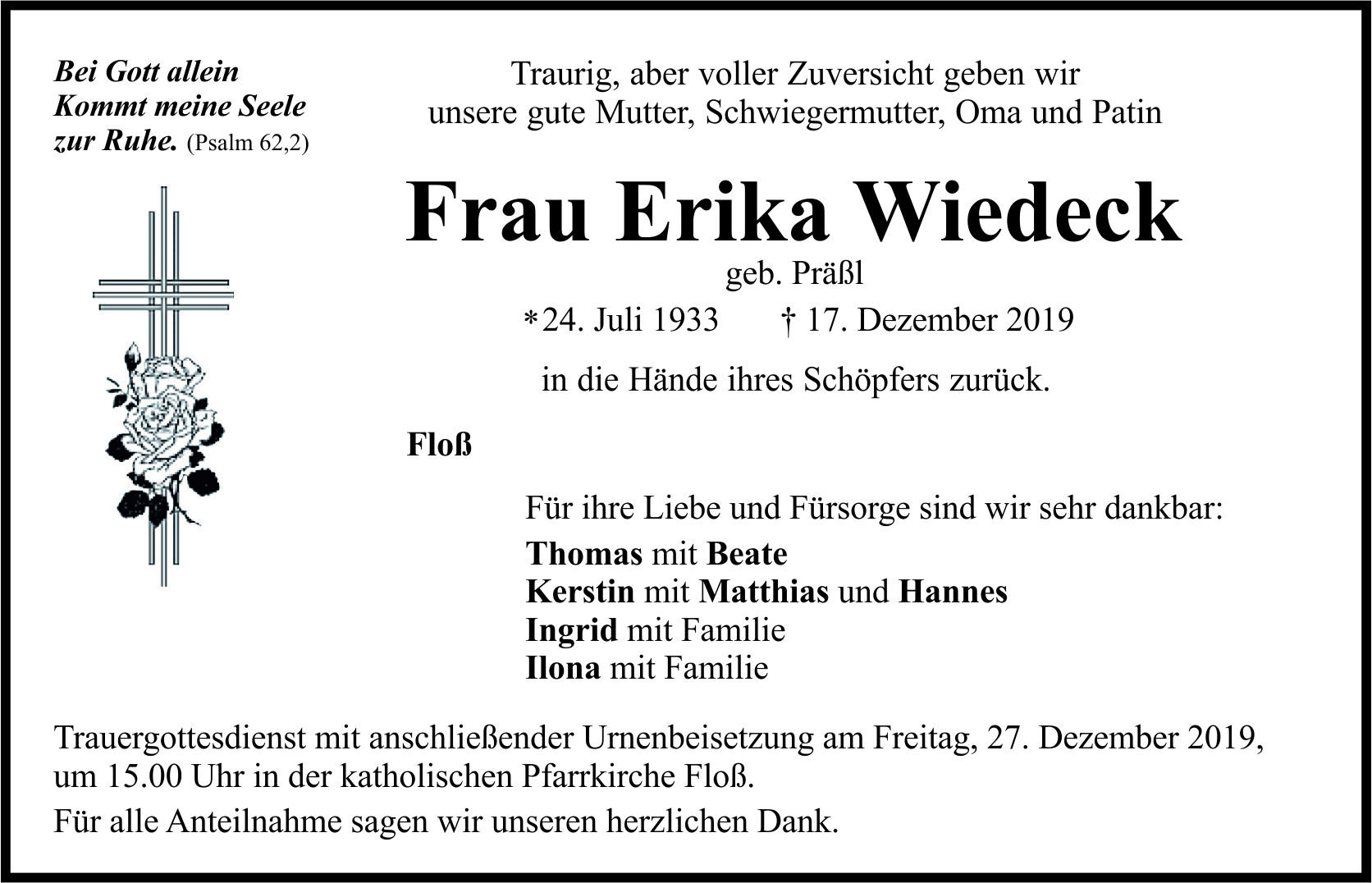 Traueranzeige Erika Wiedeck, Floß