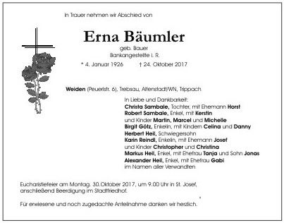 Traueranzeige Erna Bäumler Weiden