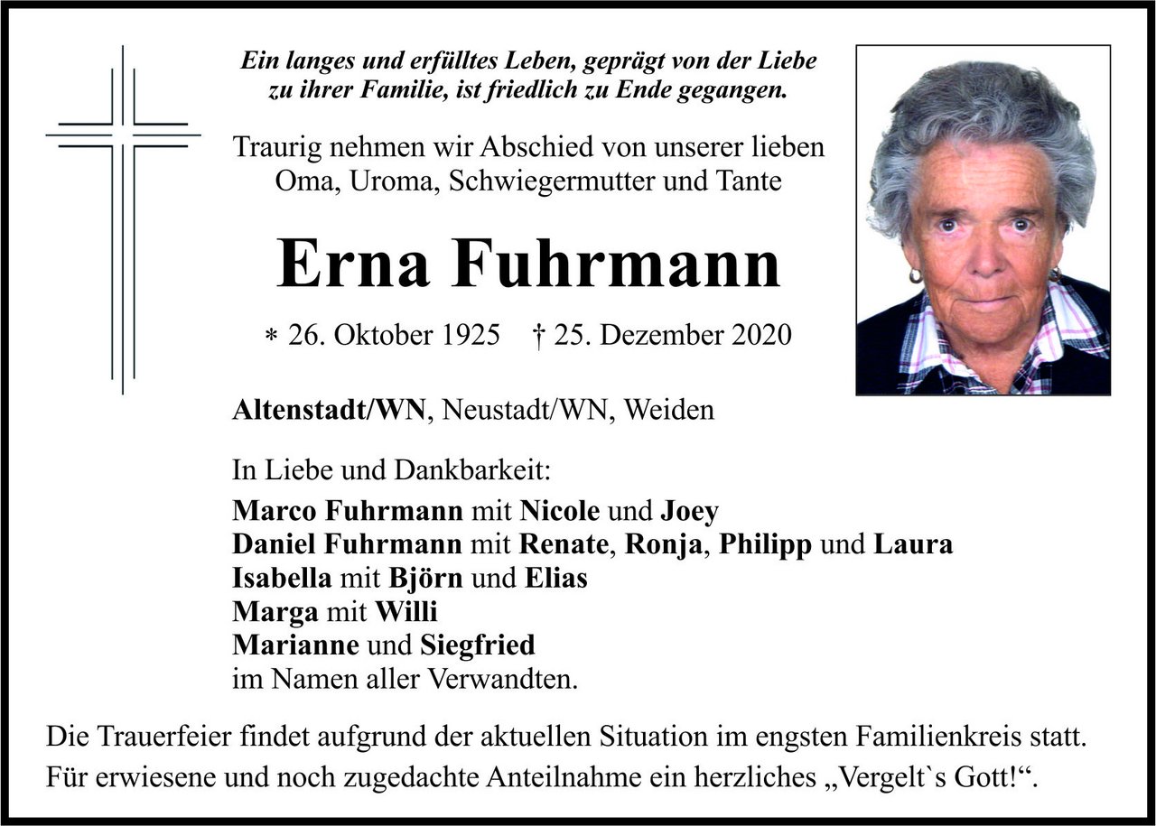 Traueranzeige Erna Fuhrmann, Altenstadt-WN