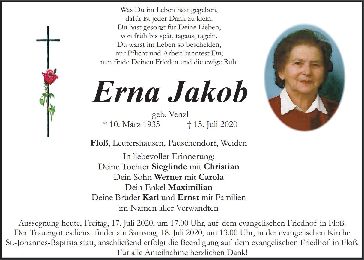 Traueranzeige Erna Jakob, Floß Leutershausen Pauschendorf Weiden